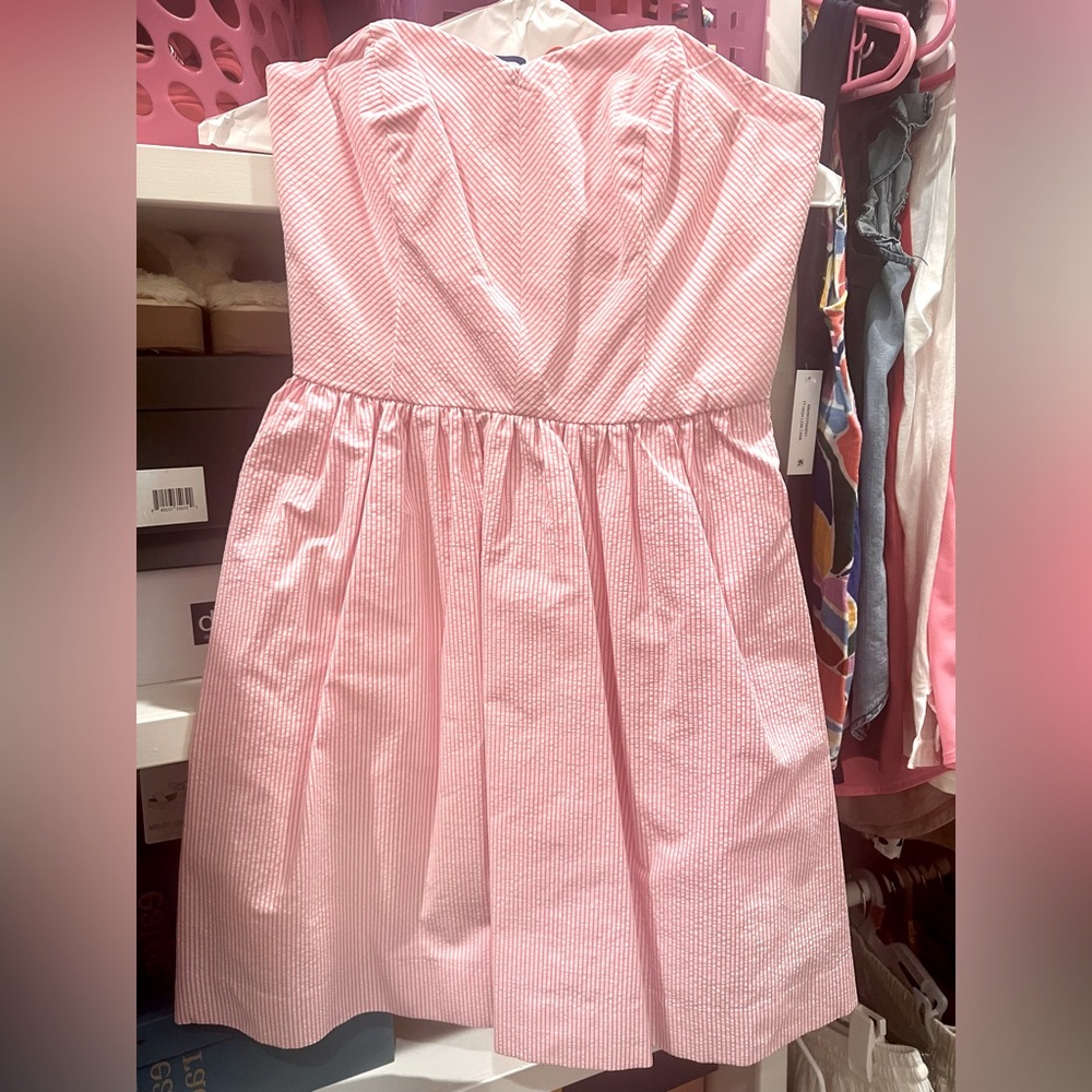 Lilly Pulitzer seersucker pink strapless dress Wore 1x, drycleaned, Bow back.